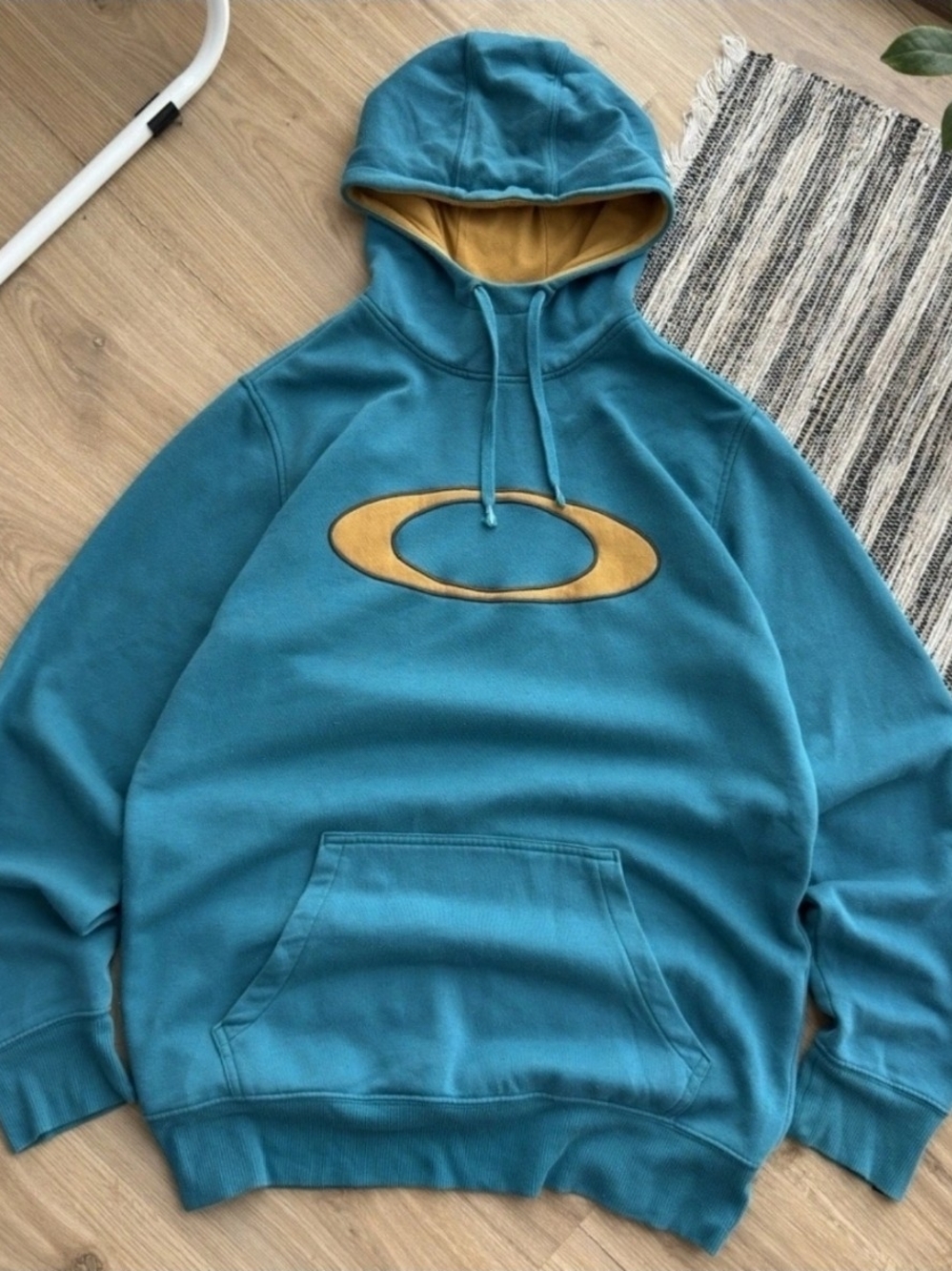 Oakley Vintage Big Embroidered Logo Y2K HOODIE Turquoise Blue Mens Size Medium